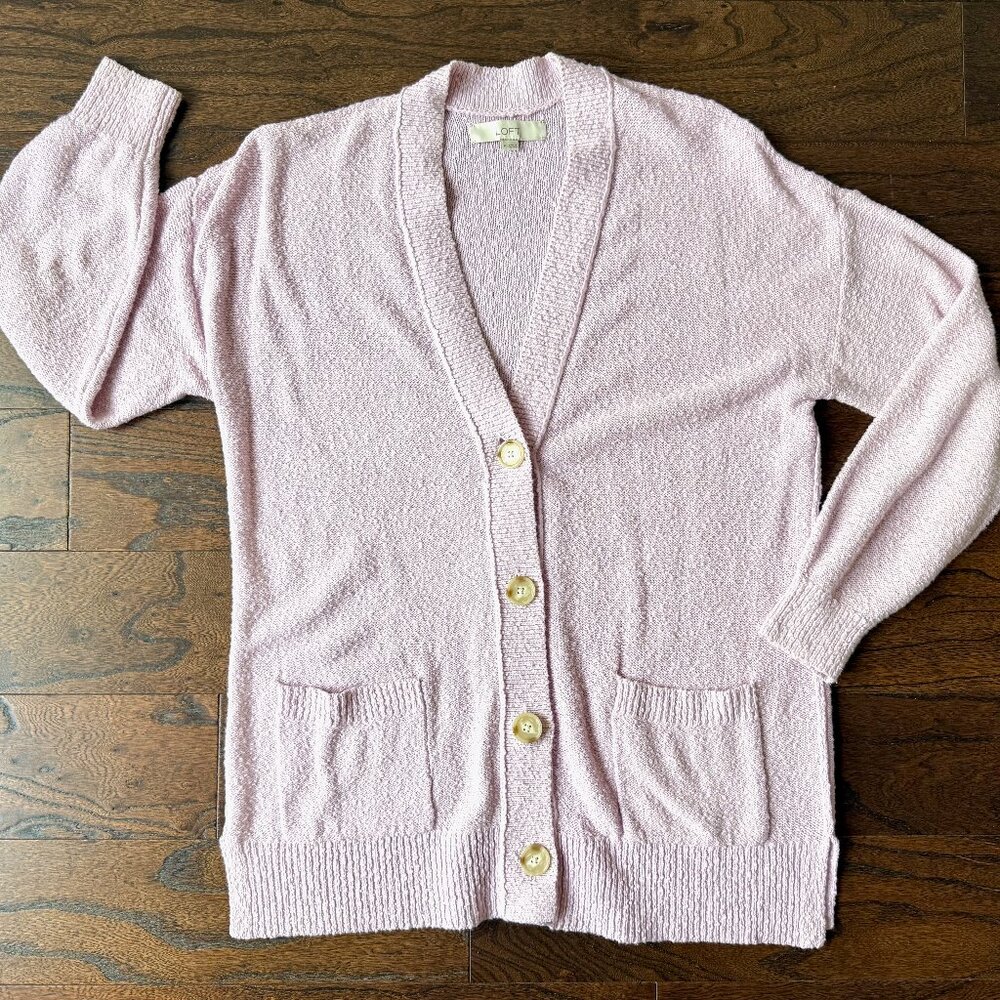 LOFT V-Neck Pocket Pink Cardigan Sweater Textured Knit Size M